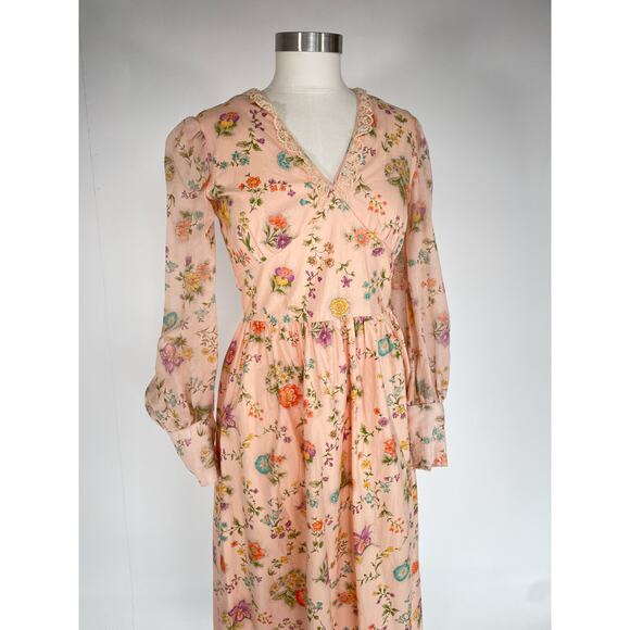 Vtg 70's Pastel Floral Empire Waist Long Sleeve Maxi Dress Hippie Boho Sz S/M - Picture 2 of 10